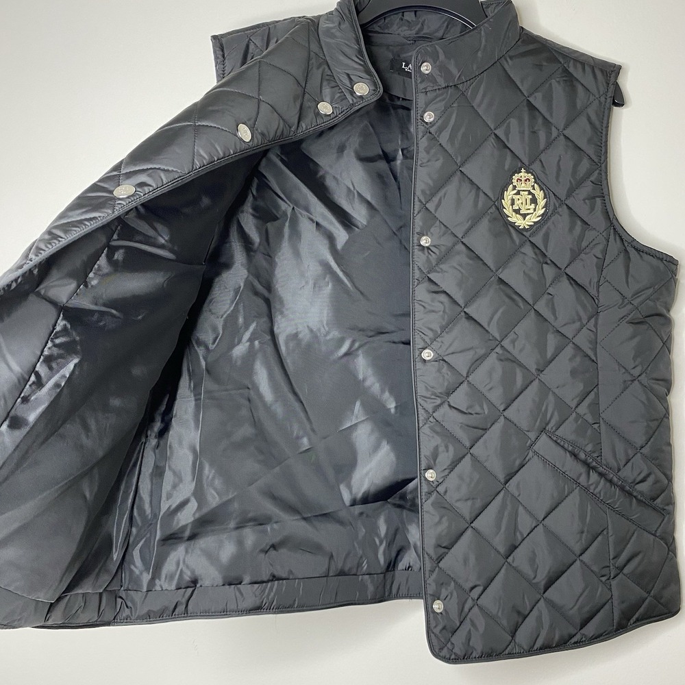 Lauren Ralph Lauren Quilted Vest Women's L Black Crest Logo Snap Front Puffer - Picture 10 of 16